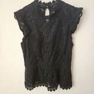 Haute Monde Black Lace Peplum Women's Blouse Top, Medium